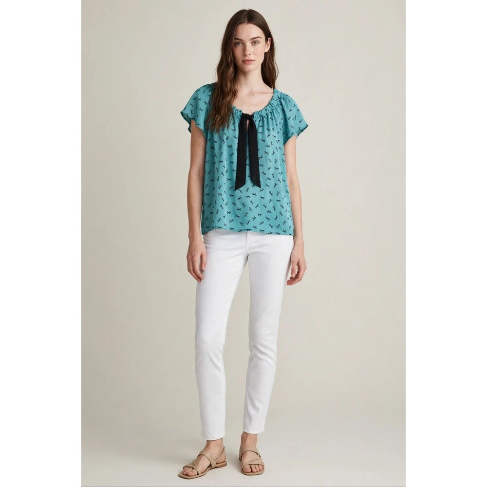 LOFT Womens XS Teal Black Bow Print Short Sleeve Tie Neck Blouse Coquette FLAW